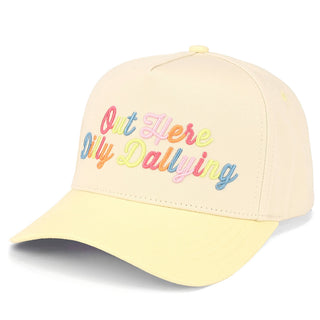 Yellow cap with colorful text on a white background