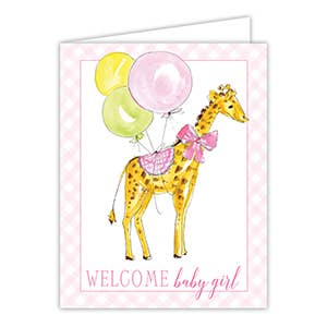 Welcome Baby Girl Giraffe with Balloons Pink Greeting Card