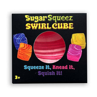 Sugar Squeez Swirl Cube candy packaging on a black background, featuring colorful swirl cubes and the text 'Squeeze It, Knead It, Squish It!' with a '3+' age rating.