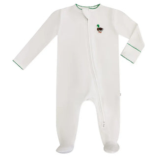 White baby onesie with green trim and a duck design on a light gray background