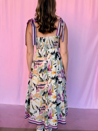 Abstract Floral Tie-Shoulder Midi Dress