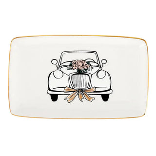 Rectangular ceramic plate with a black and white illustration of a car with flowers and a bow on the front, on a white background.