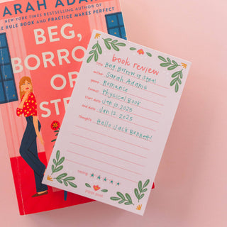 Book review sheet with decorative border next to a book titled 'Beg, Borrow or Steal' by Sarah Adams.
