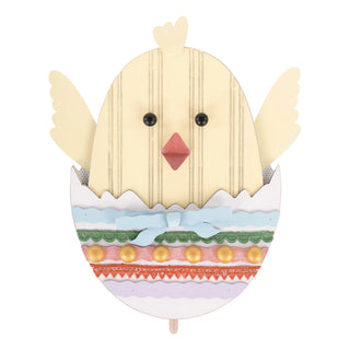 Wooden chick toy with a colorful egg壳 on a white background