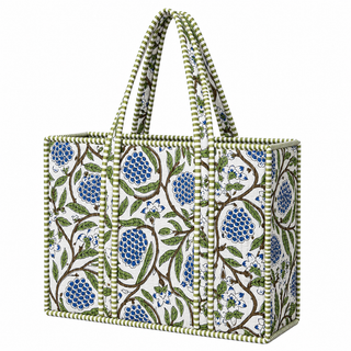 Large Sage/Blue Floral Quilted Tote Bag