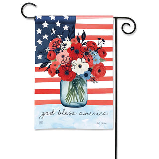 Decorative garden flag with American flag design and flowers, featuring 'God Bless America' text.
