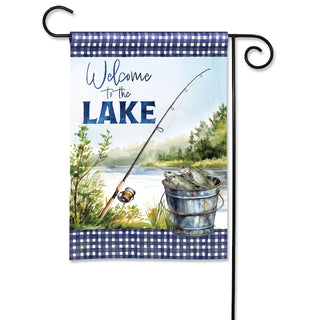 Decorative garden flag with fishing theme and 'Welcome to the Lake' text.