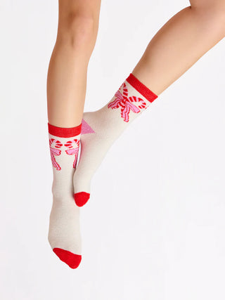 Ivory Candy Cane Bow Socks