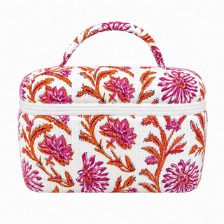 Spring Pink/Orange Floral Quilted Vanity Cosmetic Bag