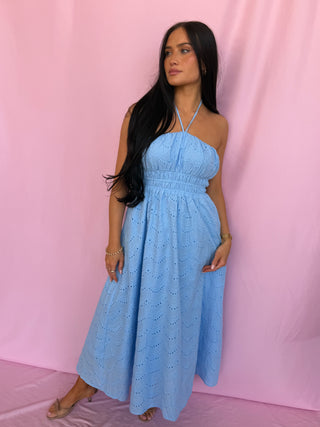 woman wearing a blue dress