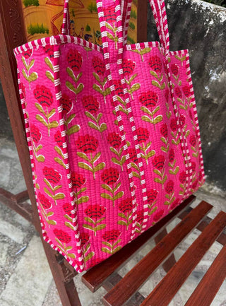 Hot Pink Quilted Bag With Red Florals