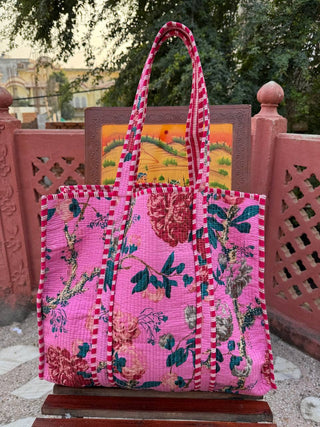 Pink Foliage Quilted Tote Bag
