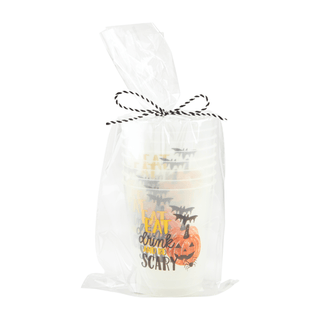A stack of clear plastic Halloween party cups tied with a black-and-white striped string, shown on a plain white background. The cups feature a printed design with the words 'Halloween Party Scary' and an orange jack-o'-lantern with bats.