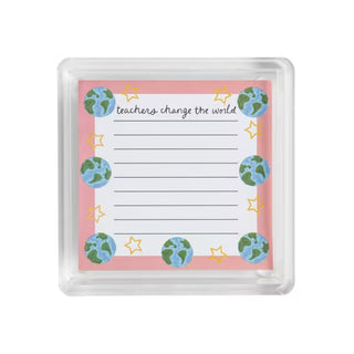 A square clear plastic case containing a lined writing pad with a pink border, decorated with cartoon Earths and yellow stars. The top of the pad reads 'teachers change the world'.