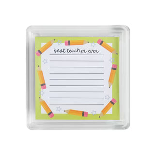 A square clear plastic desk organizer or tray holding a small notepad. The notepad has a white writing area with the phrase 'beat teacher ever' at the top, surrounded by a border of illustrated yellow pencils and small star shapes on a light green background.