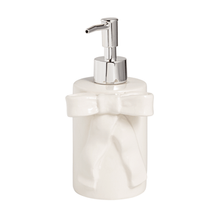 White marble-textured soap dispenser with silver pump on a white background
