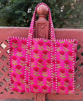 Hot Pink Quilted Bag With Red Florals