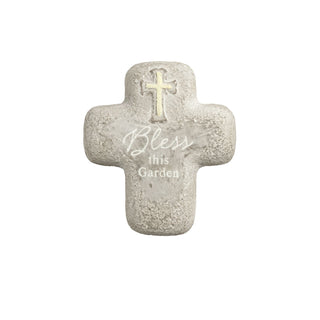 Concrete cross with 'Bless this Garden' text on a white background