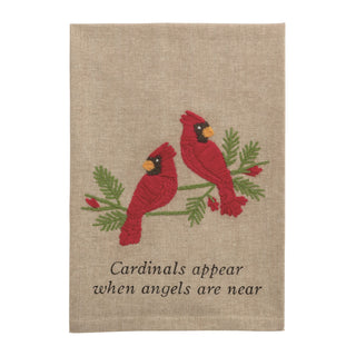 Decorative panel with red cardinals on a branch and text on a beige background