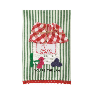 Decorative kitchen towel with a jar of jam design on a green and white striped background