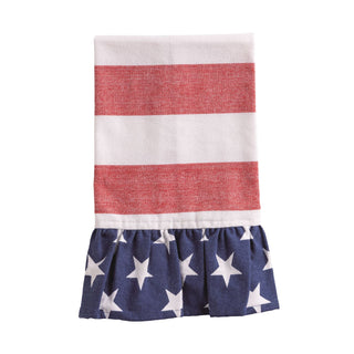 Red, white, and blue striped towel with star pattern on a white background