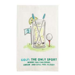 Tea towel with a glass of lemonade, golf club, and golf ball on a grassy background with text 'Golf: The only sport where you can drink, swear and still feel classy'.