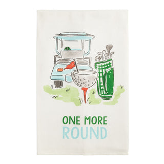 Golf-themed towel with cart, clubs, and 'One More Round' text on a white background
