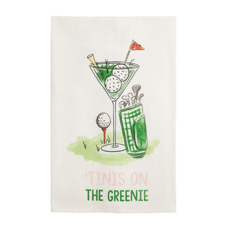 Tea towel with a golf-themed design featuring a cocktail and golf balls on a white background.