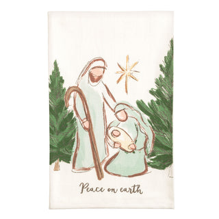 Illustration of a nativity scene with a shepherd and angel, surrounded by trees, on a white background.