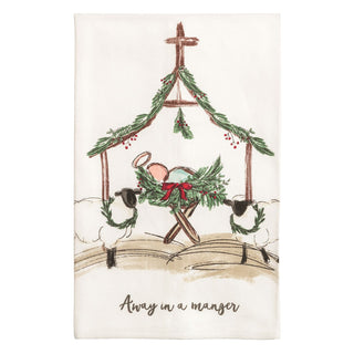 Christmas-themed towel with manger scene and sheep, featuring the text 'Away in a manger'.