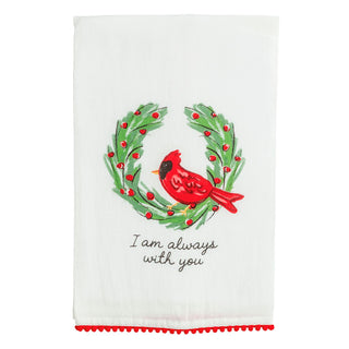 Decorative towel with a cardinal and wreath design on a white background
