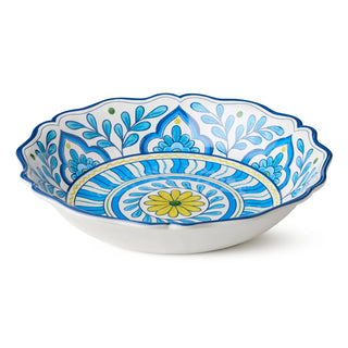 Decorative ceramic bowl with blue and white floral patterns on a white background