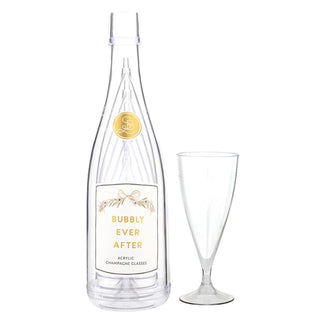 Clear acrylic champagne bottle and glass with 'Bubbly Ever After' label on a white background