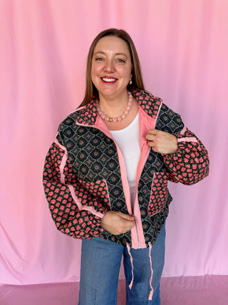 Patchwork Quilted Bomber Jacket- Curvy