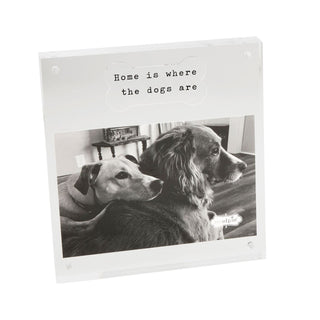 Decorative photo frame with 'Home is where the dogs are' text and a black and white photo of two dogs.
