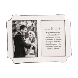 Decorative photo frame with 'mr. & mrs.' text and couple photo on a white background