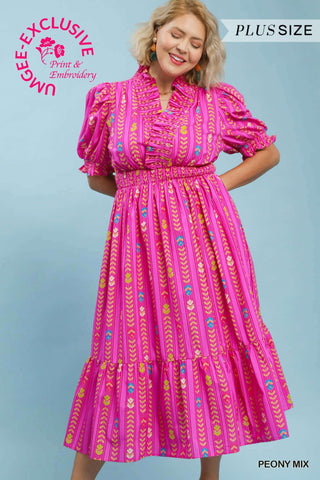 Vibrant Ruffle Midi Dress- Curvy