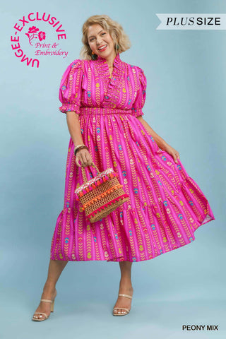 Vibrant Ruffle Midi Dress- Curvy