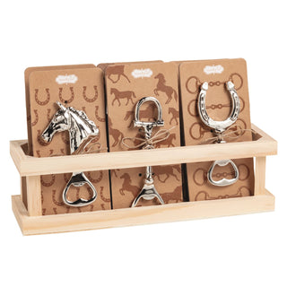 Set of horse-themed bottle openers on a wooden stand with branded card packaging.