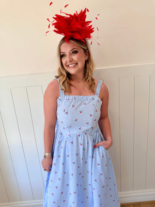 Woman wearing a blue checkered dress with a red floral headpiece against a white paneled wall.