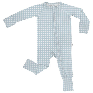 Light blue and white checkered baby onesie on a white background
