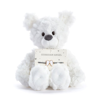 White teddy bear with a 'Guardian Angel' tag on a white background