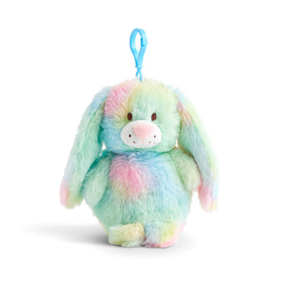 Pastel-colored plush bunny with a blue clip on a white background