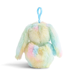 Pastel-colored plush bunny with a blue clip on a white background
