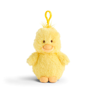 Yellow plush duck toy with a clip on a white background
