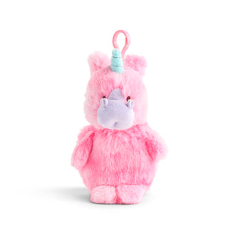 Pink plush unicorn toy with a clip on a white background