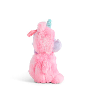 Pink plush toy with a blue horn on a white background