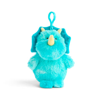 Plush toy dinosaur with a blue body and yellow horns on a white background