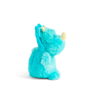 Blue plush toy with yellow accents on a white background