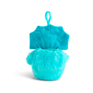 Turquoise plush toy with fluffy bottom and top on a white background